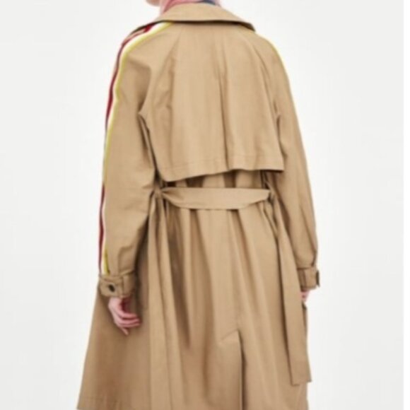 NWOT Zara Tan Trench Coat with Red and Yellow Stripes - Picture 2 of 6